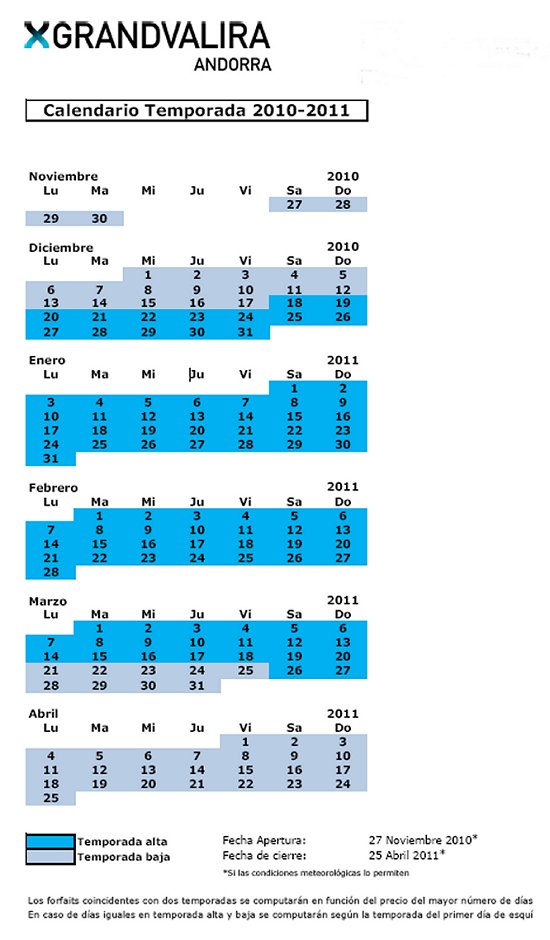 Calendario temporadas Grandvalira 2010-2011 :: Calendarier des saisons forfaits de ski GRANDVALIRA Andorre 2009 - 2010
