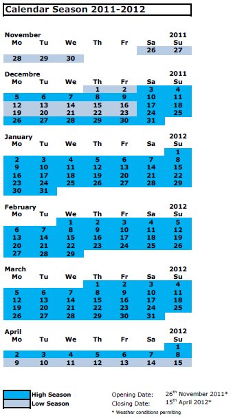  GRANDVALIRA ski passes CALENDAR 2011 - 2012